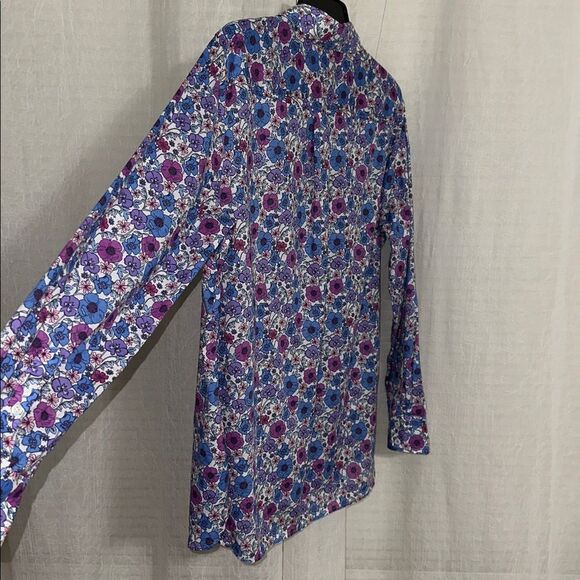 TALBOTS L White Blue Purple Poppy Ditsy Long Sleeve Modern Classic Cotton Shirt - Picture 13 of 15